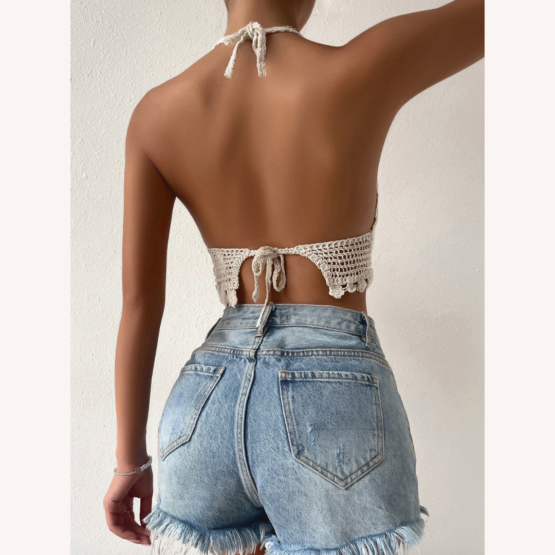 Haut d'été bohème chic en crochet pour femmes avec dos ouvert – Haut léger à bretelles et soutien amovible, idéal pour les journées ensoleillées