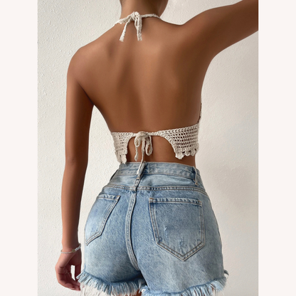 Haut d'été bohème chic en crochet pour femmes avec dos ouvert – Haut léger à bretelles et soutien amovible, idéal pour les journées ensoleillées