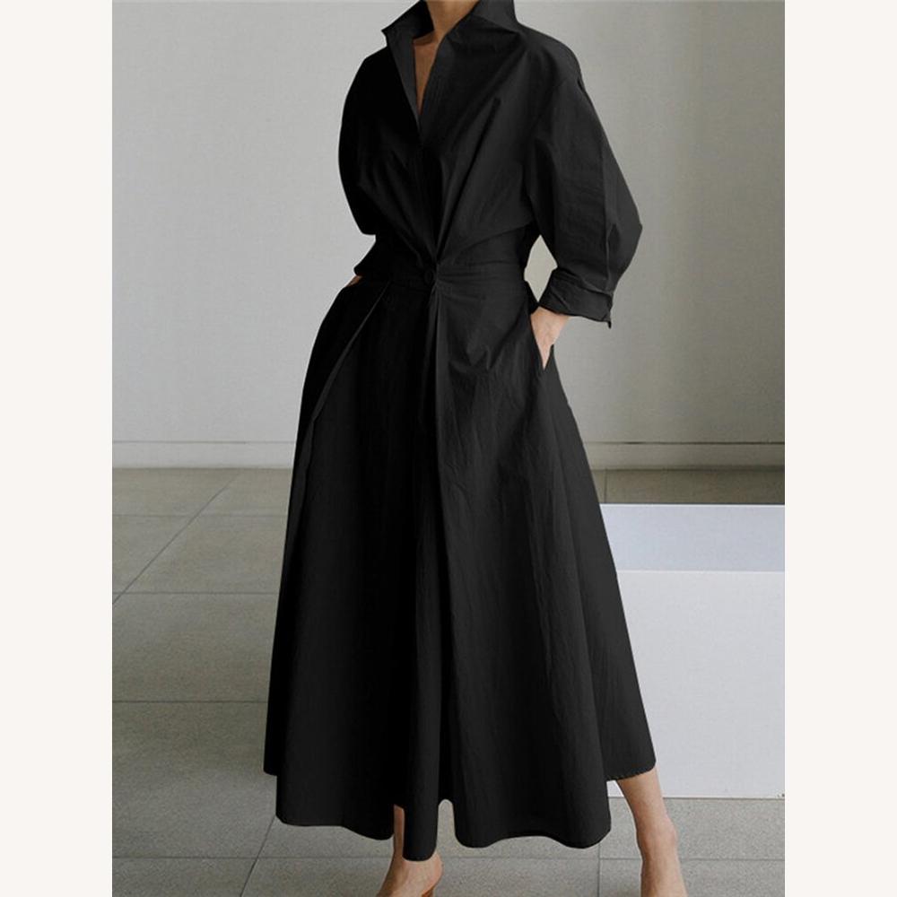 Robe d'été longue noire élégante pour femmes avec poches et manches longues – Tissu léger et confortable