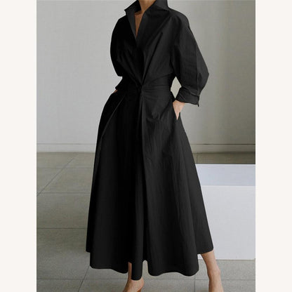 Robe d'été longue noire élégante pour femmes avec poches et manches longues – Tissu léger et confortable