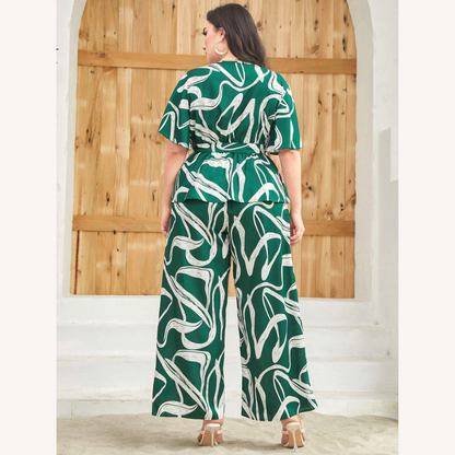 Ensemble deux pièces pour femme motif abstrait vert – Haut ajusté et pantalon à jambes larges grande taille, confort et élégance