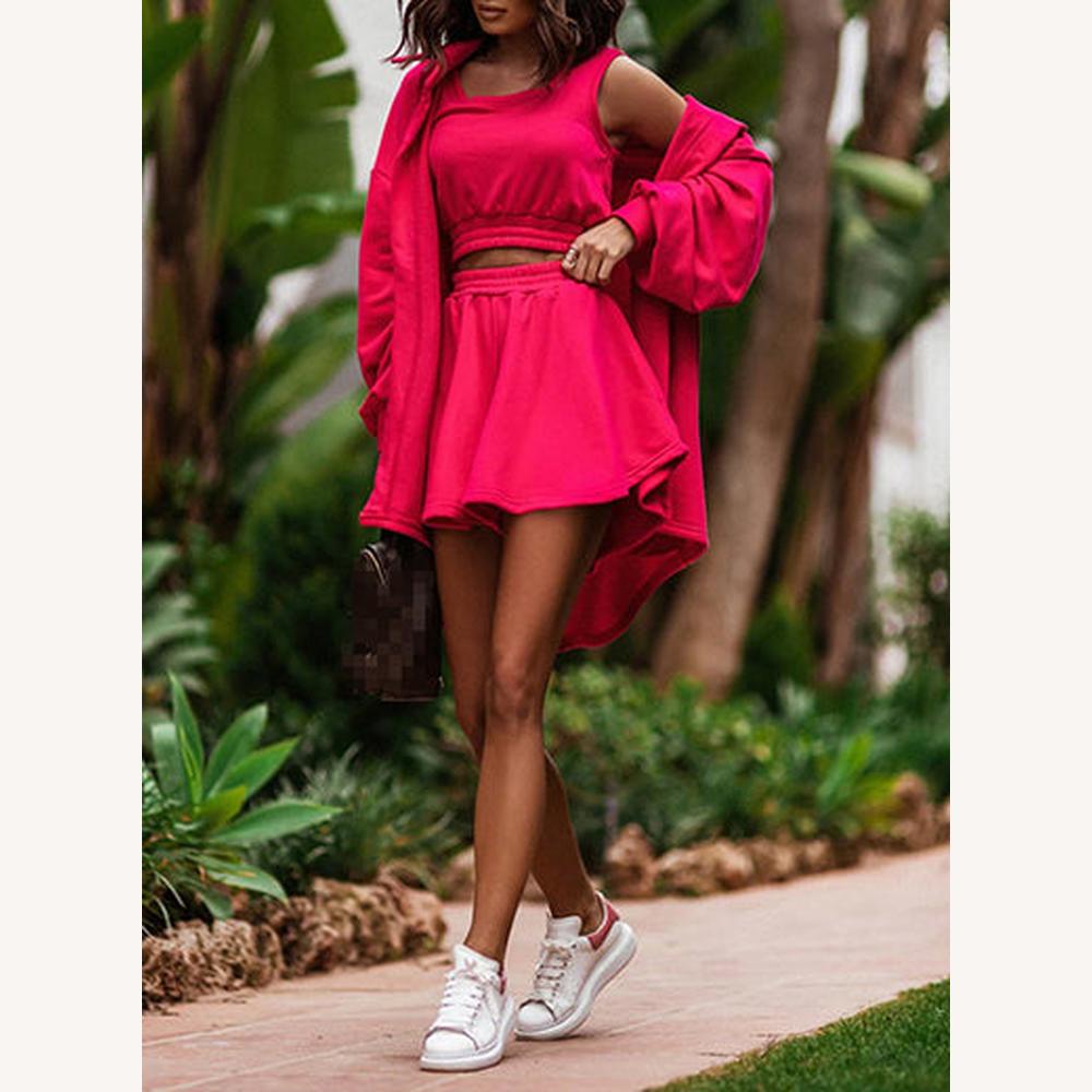 Ensemble décontracté pour femme en 3 pièces – Haut court, jupe taille haute et chemise ample en coton-polyester, confort et style