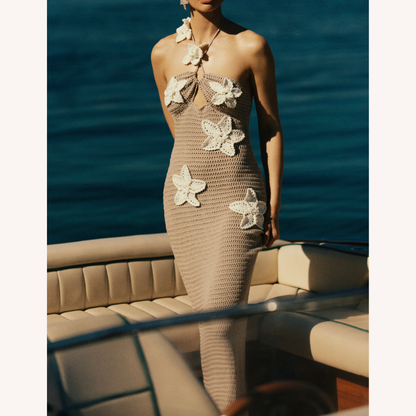 Robe longue en crochet pour femme bleue – Élégante robe d'été bohème maxi avec détails flottants