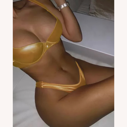 Bikini pour femme en cuir synthétique métallisé - Maillot de bain bohème chic pour plage et piscine