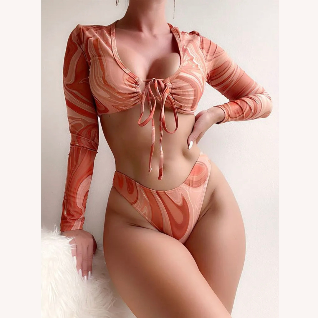 Bikini de plage à manches longues imprimé avec nouage tourbillonnant pour femmes – Maillot de bain bohème chic en deux pièces