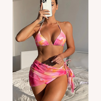 Ensemble de maillot de bain trois pièces pour femme style bohème à teinture nouée avec jupe assortie – Polyester confortable, S, M, L