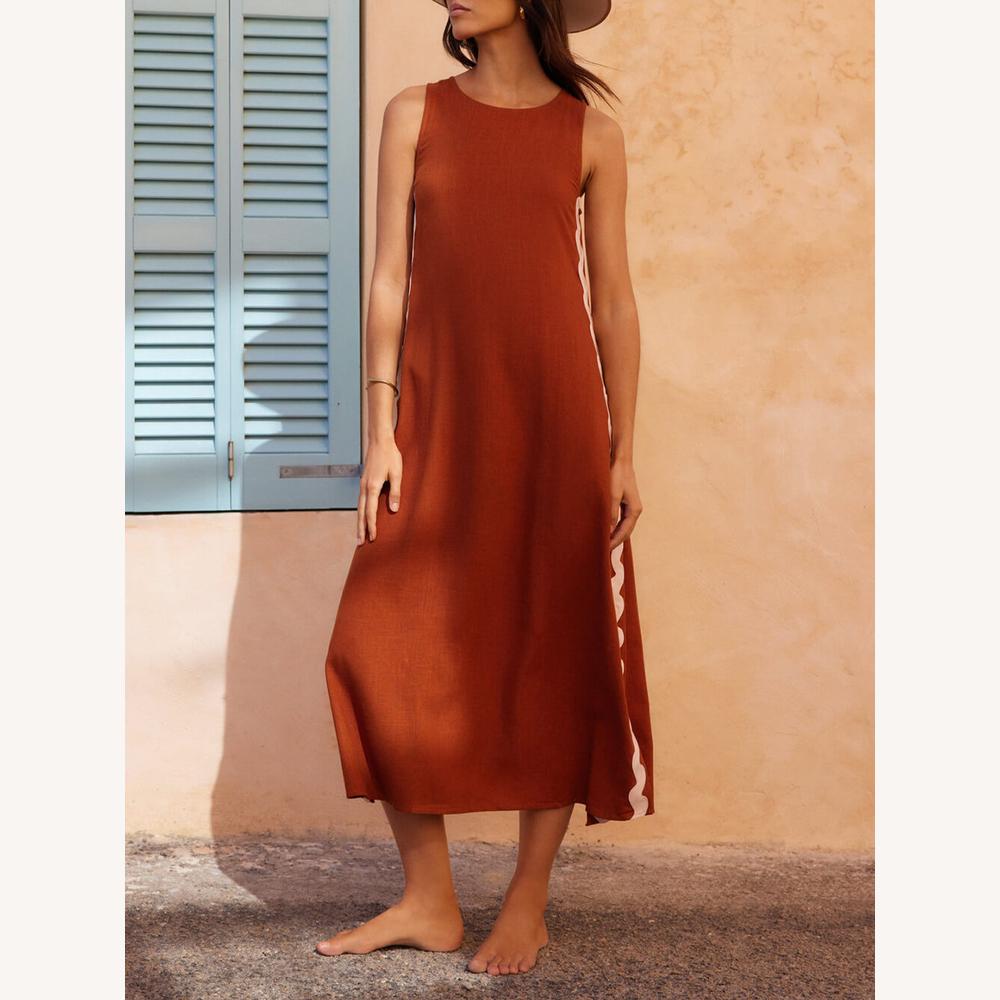 Robe longue rayée sans manches ample pour femme avec fente latérale – Confortable et élégante pour le printemps et l'été