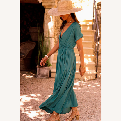 Robe longue plissée élégante pour femme, col en V, manches courtes, vert foncé noir - Robe de soirée d'été chic