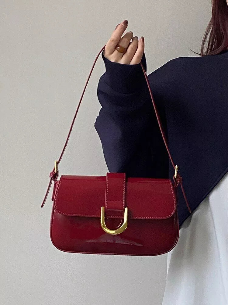 Patent Leather Shoulder Bag for Women – Chic and Elegant Bag with Buckle and Shiny Finish