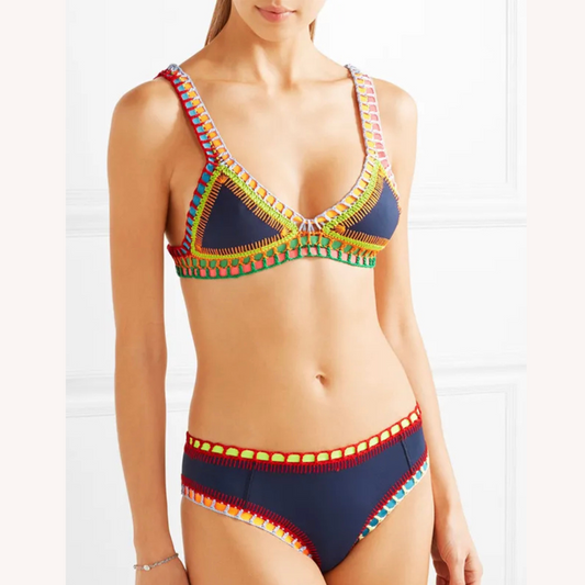 Ensemble de maillot de bain bikini noué à la main pour femme – Style bohème chic, motif unique en polyester de qualité supérieure
