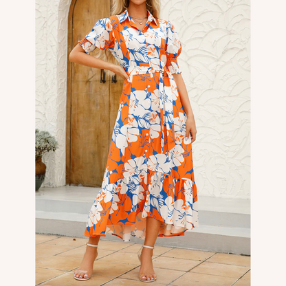 Long Women's Dress Floral Print Buttoned with Belt – Summer Elegance in Polyester