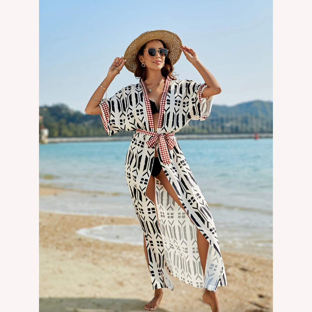 Cardigan de plage imprimé bohème avec ceinture – Élégance estivale pour femmes, manches mi-longues, polyester léger