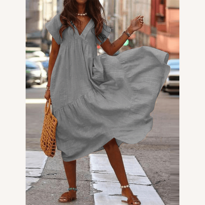 Robe longue ample pour femme avec encolure en V – Tissu léger en rayonne et polyester, idéale pour les occasions décontractées