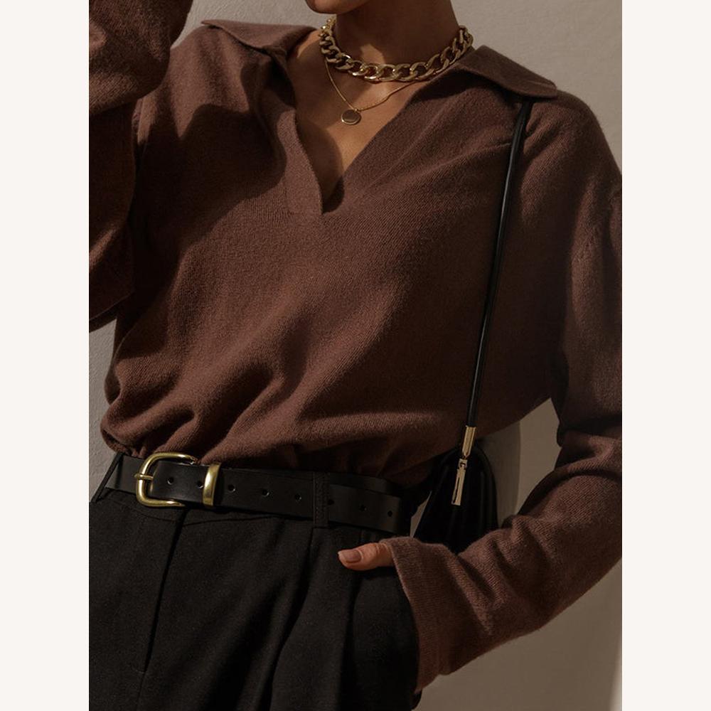 Pull doux en maille pour femme avec col polo et encolure en V – Coupe ample et élégante, idéal pour toutes les occasions