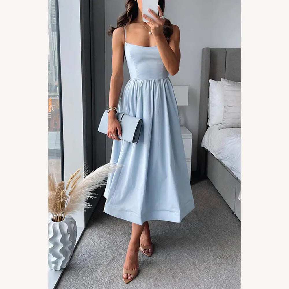 Robe midi ajustée pour femme avec bretelles fines – Élégante et confortable en polyester