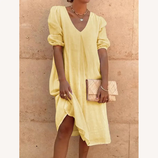 Women's Long Linen Dress with V-Neck - Casual Elegance for Summer, Comfortable and Light