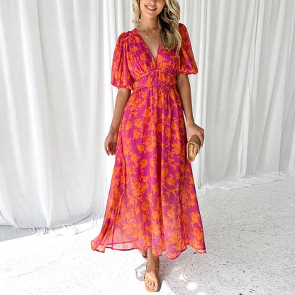 Robe longue élégante pour femme avec encolure en V – Robe d'été longue en tissu de haute qualité, idéale pour toutes les occasions