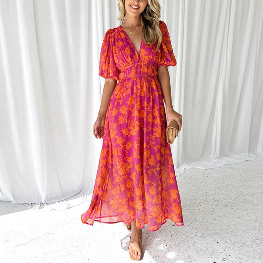 Elegant Long Women's Dress with V-Neck – Summer Maxi Dress in High-Quality Fabric, Ideal for All Occasions