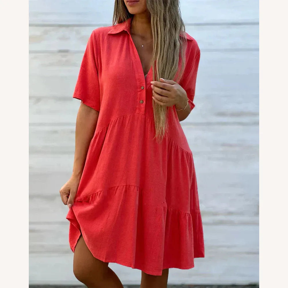 Chic Women's Summer Dress with V-Neckline and Buttons – Lightweight Long Dress for Summer