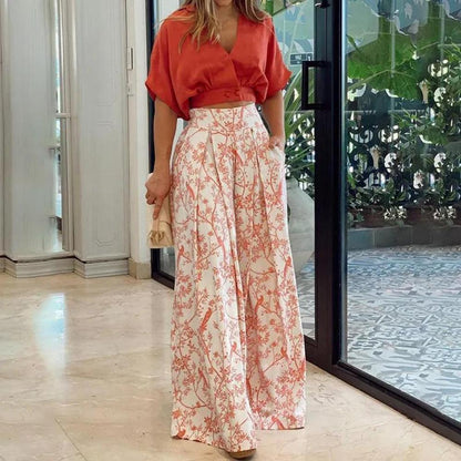 Pantalon fluide taille haute pour femme à motif botanique – Élégant et confortable pour l'été