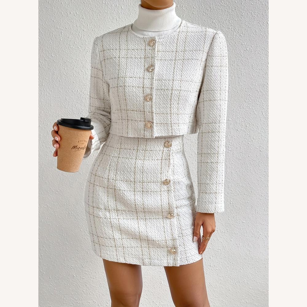 Ensemble jupe et veste en tweed structuré pour femmes – Chic et élégant, taille haute, boutons dorés, idéal pour toutes les occasions