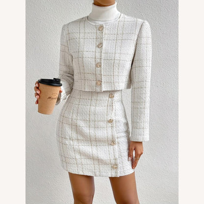 Ensemble jupe et veste en tweed structuré pour femmes – Chic et élégant, taille haute, boutons dorés, idéal pour toutes les occasions