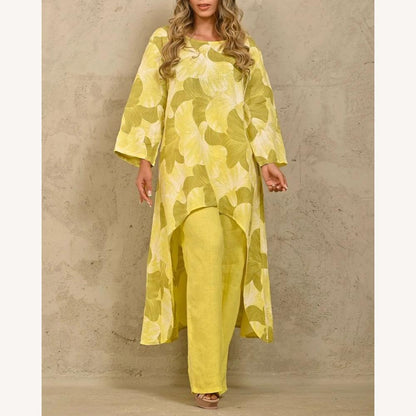 Ensemble léger en lin pour femme avec tunique asymétrique et pantalon large – Style décontracté et élégant