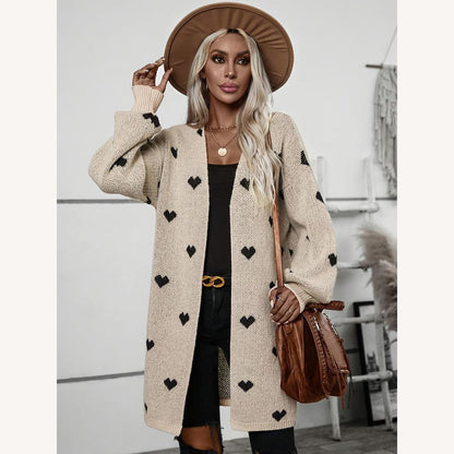 Long gilet pour femme en maille douce avec motif de cœur noir – Confortable et décontracté pour l'automne-hiver