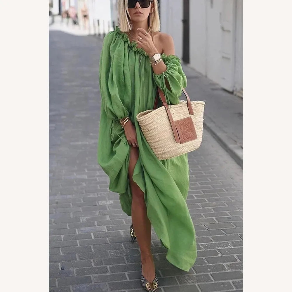 Robe longue ample pour femme à une épaule - Élégante et décontractée en couleur unie, idéale pour toutes les occasions