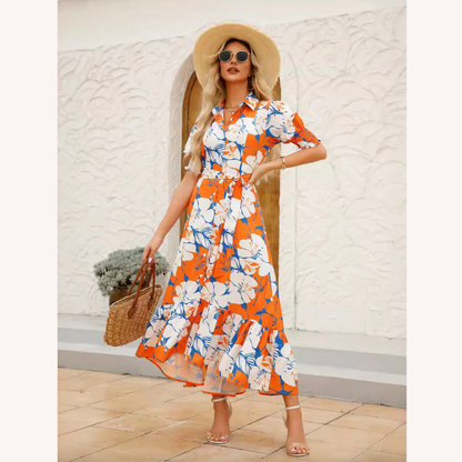 Long Women's Dress Floral Print Buttoned with Belt – Summer Elegance in Polyester