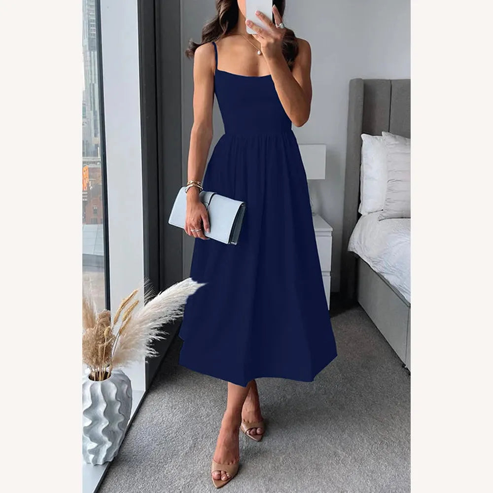 Robe midi ajustée pour femme avec bretelles fines – Élégante et confortable en polyester