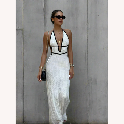 Robe longue pour femme à col licou en crochet blanc – Élégance estivale pour mariages et soirées