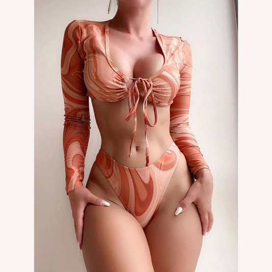 Bikini de plage à manches longues imprimé avec nouage tourbillonnant pour femmes – Maillot de bain bohème chic en deux pièces
