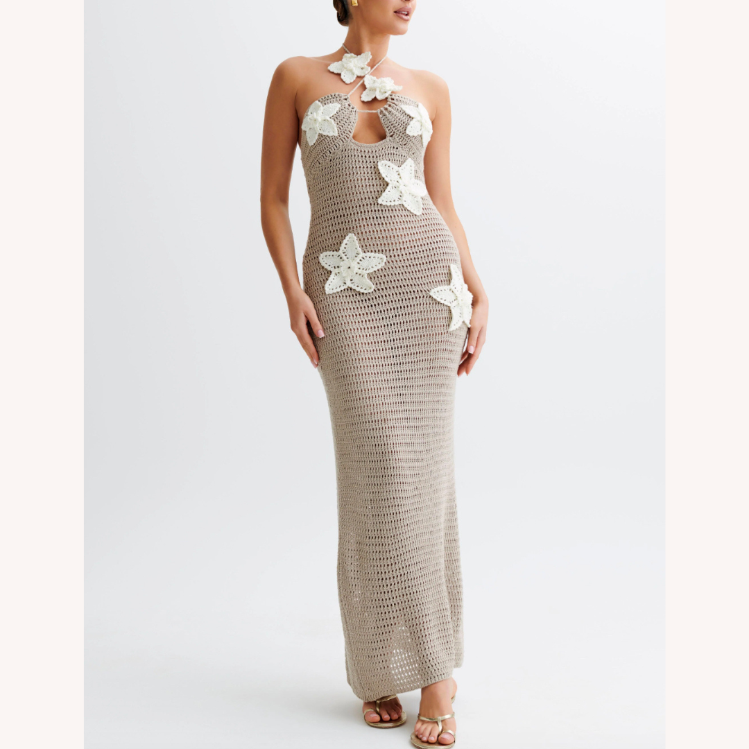 Robe longue en crochet pour femme bleue – Élégante robe d'été bohème maxi avec détails flottants