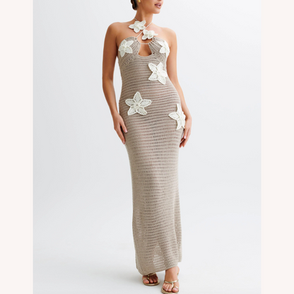 Robe longue en crochet pour femme bleue – Élégante robe d'été bohème maxi avec détails flottants