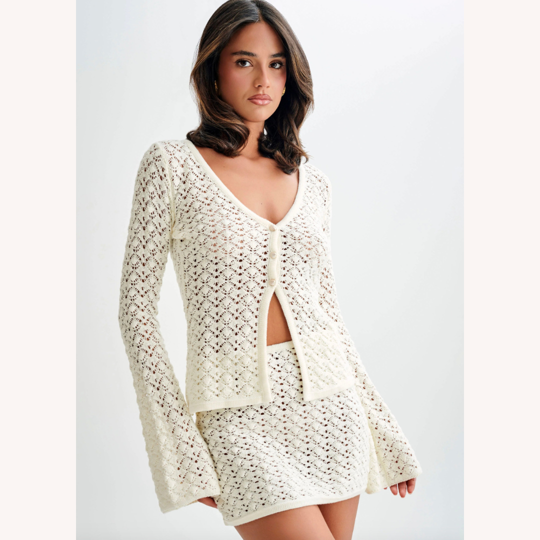 Ensemble bohème chic pour femme en crochet - Gilet à col en V et mini-jupe assortie en coton respirant