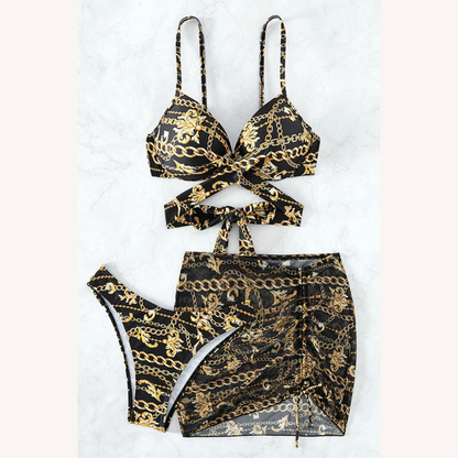 Bikini bohème trois pièces pour femme avec imprimé baroque et détails à lacets – Maillot de bain confortable pour l'été
