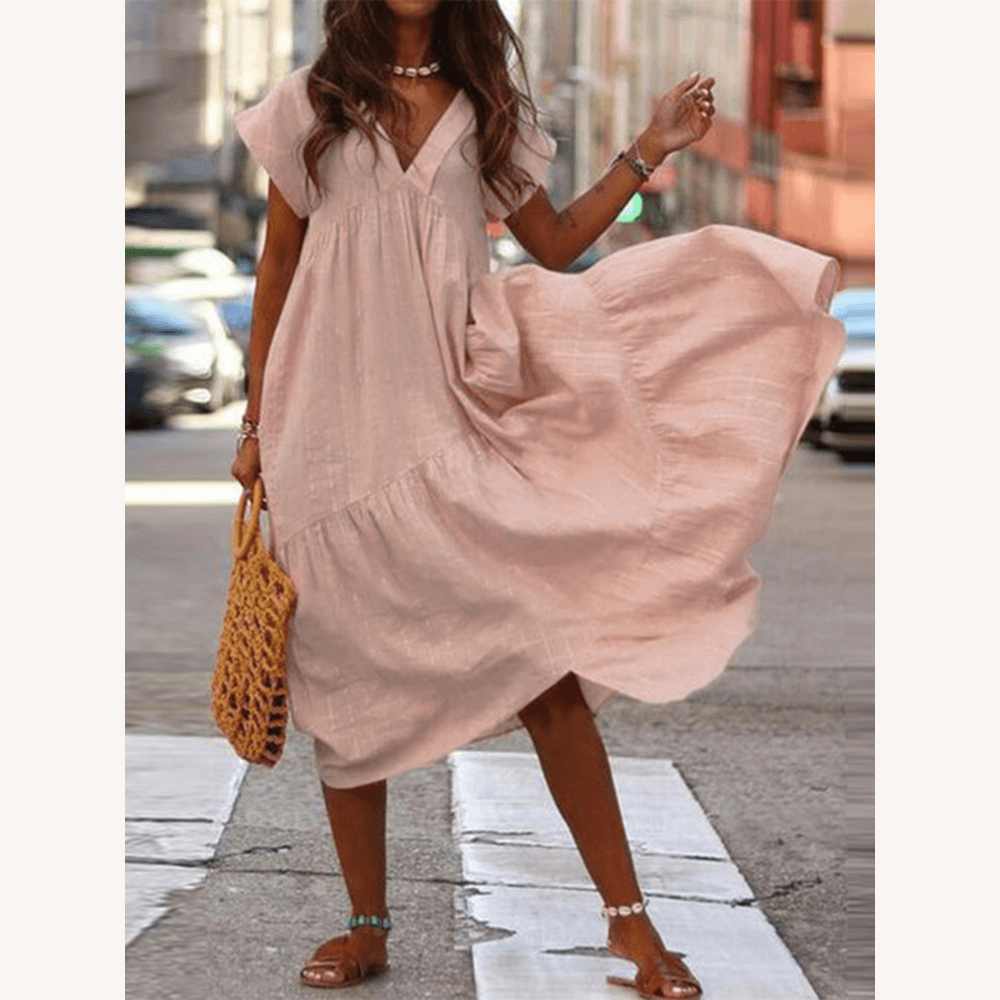 Robe longue ample pour femme avec encolure en V – Tissu léger en rayonne et polyester, idéale pour les occasions décontractées