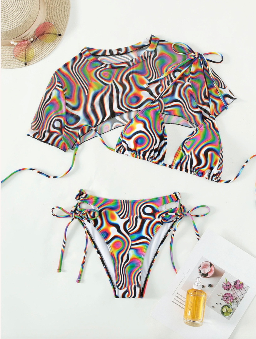Maillot de bain trois pièces pour femme, motif tourbillon imprimé – style bohème chic, confort estival, tissu respirant