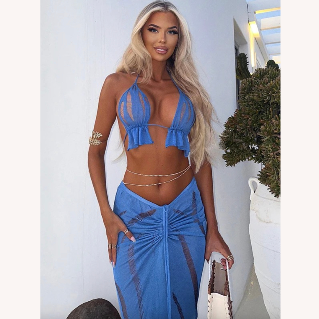 Sexy Lace-Up Backless Set with Ruffle Details for Women – Halter Neckline, Slim Fit, Perfect for Summer