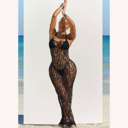 Elegant Long Crochet Dress for Women - Chic Coastal Maxi, Fitted Silhouette for Summer