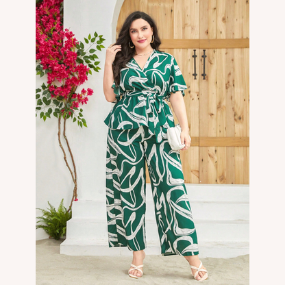 Ensemble deux pièces pour femme motif abstrait vert – Haut ajusté et pantalon à jambes larges grande taille, confort et élégance