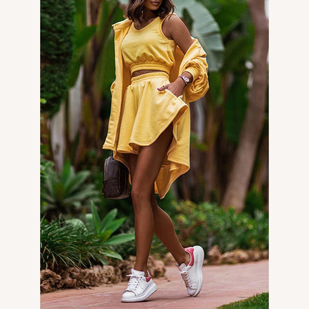 Ensemble décontracté pour femme en 3 pièces – Haut court, jupe taille haute et chemise ample en coton-polyester, confort et style