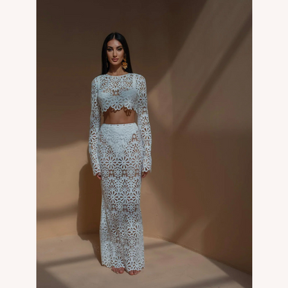 Ensemble en dentelle blanche au crochet pour femmes – Haut court à manches longues et jupe longue bohème chic