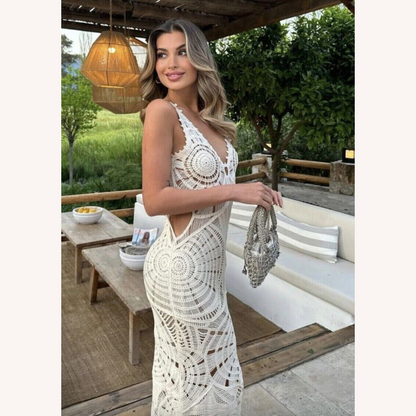 Robe midi blanche pour femme en crochet aérien avec encolure en V – Élégance bohème