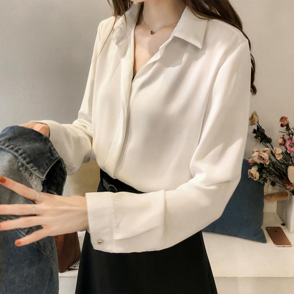 Chemise blanche classique à manches longues pour femme en polyester – Élégante et chic pour le bureau