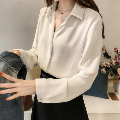 Chemise blanche classique à manches longues pour femme en polyester – Élégante et chic pour le bureau
