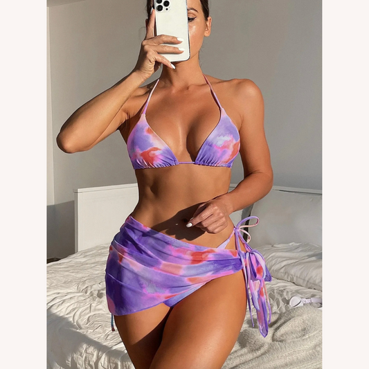 Ensemble de maillot de bain trois pièces pour femme style bohème à teinture nouée avec jupe assortie – Polyester confortable, S, M, L