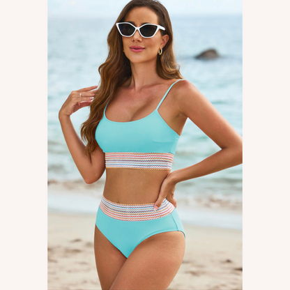 Chic Women's Triangle High-Waisted Swimsuit with Nautical Stripes – Bohemian Elegance and Optimal Comfort
