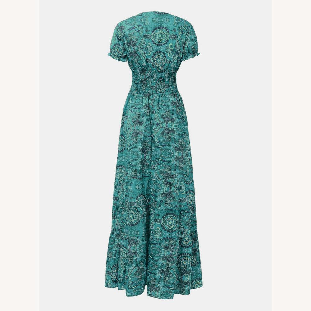 Robe à manches courtes pour femme avec col en V et imprimé éclatant – Élégance et confort pour l'été